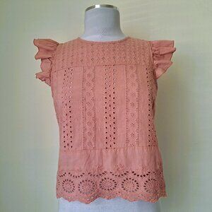 Roomates Juniors Cotton Eyelet Top Pink Color SIze L Cap Ruffles Sleeve